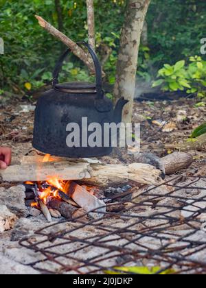 Kochen am Lagerfeuer auf einer kleinen Wüsteninsel, Venu Island, Pulau Venu, in der Nähe von Kaimana, West Papua, Indonesien Stockfoto