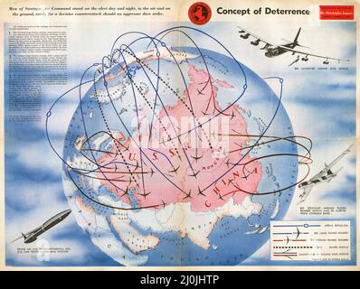 1961 Anti-Sowjetunion-Propagandakarte - Konzept der Abschreckung - Männer des Strategic Air Command bei Tag und Nacht in Alarmbereitschaft. Stockfoto