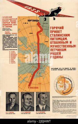 Russische Propaganda - Vintage russisches Plakat - erstellt von Sherman, I. G. 'Ein herzliches Hallo an Stalins Schüler, die mutigen und manly Piloten...' 1937 Stockfoto