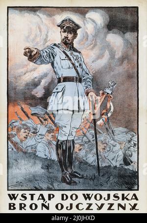 Polnische Propaganda - Józef Haller von Hallenburg plakat 1920. Propagandaplakat aus dem Polnisch-Sowjetischen Krieg. Kunst von Stanisław Sawiczewski. Stockfoto