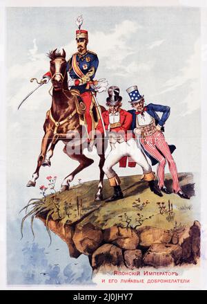 Russische Propaganda - Vintage-Poster - der japanische Kaiser und seine schlauen Wohlbehüter. Russisch-Japanischer Krieg (1904-5). V. F. Kudinova, 1904. Stockfoto