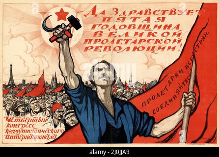 Russische Propaganda - Vintage Russisches Plakat - Es lebe der fünfte Jahrestag der großen proletarischen Revolution 1922 Stockfoto