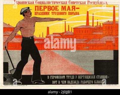 Russische Propaganda - Vintage Russisches Plakat - sowjetisches Plakat, das den 1. Mai, Fabriken und die Revolution der Arbeiterklasse, 1921, propagiert Stockfoto