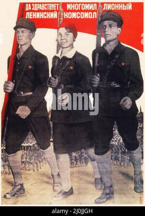 Russische Propaganda - Vintage Russisches Poster von Gustavs Klucis. "Es lebe der millionenfache leninistische Komsomol" 1932 Stockfoto