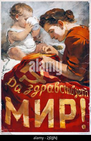 Russische Propaganda - russisches Plakat - UdSSR-Plakat 'Es lebe der Frieden!' N. Tereshenko Kunstwerk Stockfoto