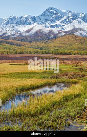 Blick auf den Altai-See Dzhangyskol und das Bergplateau Eschtykel. North Chui Ridge. Russland. Stockfoto