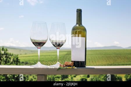 Rotwein-Flasche, Weinrebe, Gläser und Kork Stockfoto