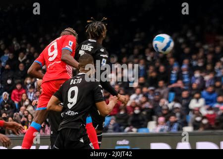 Der nigrische Stürmer von SSC Napoli, Victor Osimhen, punktet beim Fußballspiel der Serie A zwischen SSC Napoli und Udinese gegen udinese. Napoli gewann 2-1 Stockfoto