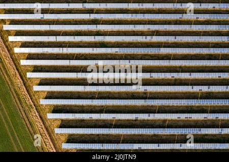 Photovoltaik-Paneele einer Freiflächenanlage neben einem Feld in Deutschland, wie von der Drohne gesehen Stockfoto