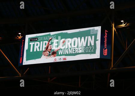 19.. März 2022 ; Aviva Stadium, Dublin, Irland; 6-Nations International Rugby, Irland gegen Schottland; das irische Team gewinnt die Triple Crown Stockfoto