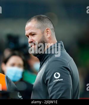 19.. März 2022 ; Aviva Stadium, Dublin, Irland; 6-Nations International Rugby, Irland gegen Schottland; Andy Farrell Irland Cheftrainer Stockfoto