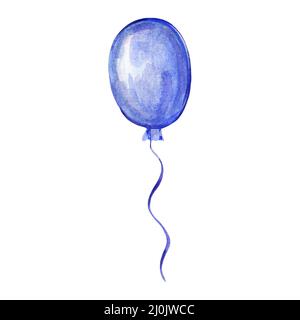 Blauer Ballon auf weißem Hintergrund. Handgezeichnete Aquarellillustration Stockfoto