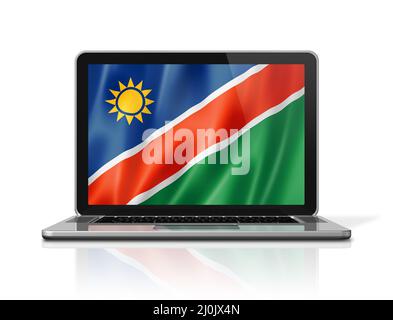 Namibische Flagge auf Laptop-Bildschirm isoliert auf weiß. 3D Abbildung Stockfoto