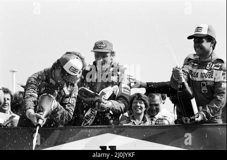 Niki Lauda, der einen Marlboro-McLaren fährt, gewinnt den Grand Prix von Großbritannien in Brands Hatch. Lauda, Weltmeister in den Jahren 1975 und 1977, konnte sich hinter Pironi und Watson auf den dritten Platz in der Fahrerwertung einarbeiten. Didier Pironi wurde Zweiter bei Brands und Patrick Tambay Dritter. 18.. Juli 1982. Stockfoto