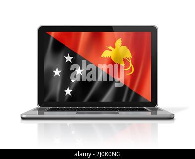 Papua-Neuguinea-Flagge auf Laptop-Bildschirm isoliert auf weiß. 3D Abbildung Stockfoto