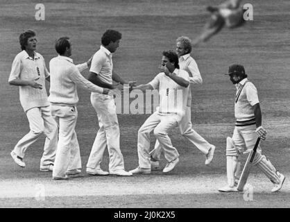 Zweiter Tag des ersten Testmatches von England gegen Indien bei Lords. England Spieler freuen sich über neue Kappe Derek Pringle, als er seine erste Wicket nimmt. 14.. Juni 1982. Stockfoto