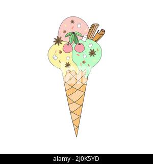 Eiskegel mit Kirsche und Zimt. Vektorgrafik im Doodle-Stil. Stock Vektor