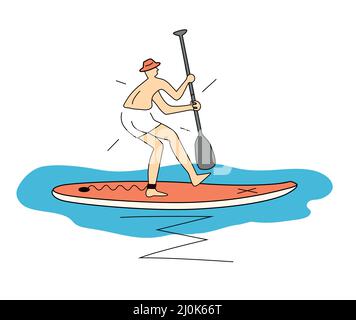 Lustige Anfänger auf Paddleboard, Cartoon. Stilisierte einfache Illustration eines lustig verängstigten Mannes mit Hut, der auf einem Paddleboard reitet. T-Shirt-Design. Vector ava Stock Vektor