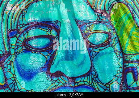 Künstlerische Wände farbenfrohe maya-Gemälde Graffiti Playa del Carmen Mexiko. Stockfoto