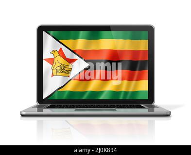 Simbabwe-Flagge auf Laptop-Bildschirm isoliert auf weiß. 3D Abbildung Stockfoto