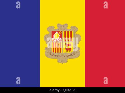 Andorra National Flag Vektor Illustration als EPS. Die Flagge von Andorra ist die Nationalflagge des Fürstentums Andorra und weist einen vertikalen tric auf Stock Vektor