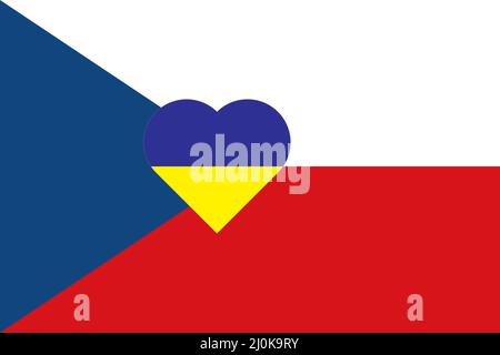 Ein Herz, das in den Farben der Flagge der Ukraine auf der Flagge der Tschechischen republik gemalt ist. Darstellung eines blauen und gelben Herzens auf dem nationalen Symbol. Stock Vektor