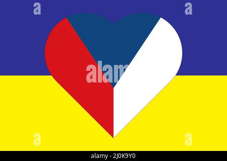 Herz in den Farben der Flagge der Tschechischen republik auf der Flagge der Ukraine gemalt. Abbildung eines Herzens mit dem nationalen Symbol der Tschechischen republik o Stock Vektor