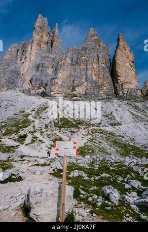 Drei Zinnen bei Sonnenuntergang, Toblach -Toblach, Trentino-Südtirol oder Südtirol, Italien Stockfoto