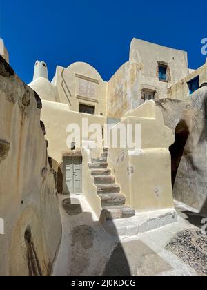 Mittelalterliches Dorf Emporio auf der Insel Santorini in Griechenland. Stockfoto