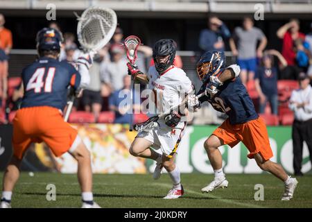 19. März 2022: Während des NCAA Men's Lacrosse Regular Season Spiels zwischen den Virginia Cavaliers und den Maryland Wasserschildkröten im Audi Field in Washington, DC Fotograf: Cory Royster Stockfoto