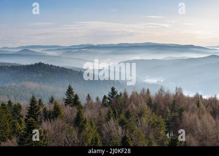 Nebliger Blick auf das Beskid Sadecki Gebirge in Polen an einem sonnigen Tag Stockfoto