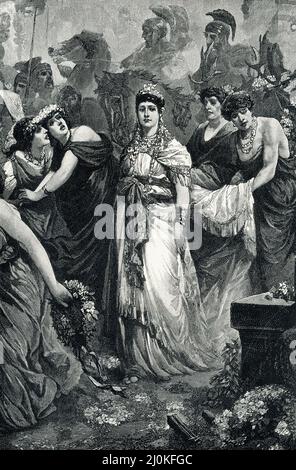 Die 1906 Überschrift lautet: „Zenobia im Triumph Aurelians. Aurelian war einer der letzten fähigen Kaiser von Rom. Ein mächtiges arabisches Königreich war am Rande der arabischen Wüsten aufgewachsen. Es wurde von Königin Zenobia regiert, die gleichermaßen für ihren Mut, ihre Schönheit und ihren Intellekt bekannt ist. Ihre Armeen hatten sich den Vorgängern Aurelians widersetzt und sie besiegt. Er stürzte ihr Reich und feierte seinen Sieg durch einen großen Triumphzug, in dem Zenobia gezwungen war, in Ketten durch die römischen Straßen zu gehen.“ Die Wahrheit über Zenobia ist schwer zu ermitteln. Es wird angenommen, dass Zenobia nach 274 n. Chr. starb und hist Stockfoto