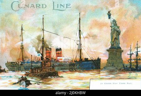 Vintage-Postkarte aus edwardianischer Zeit für Cunard mit New York Harbour. Stockfoto