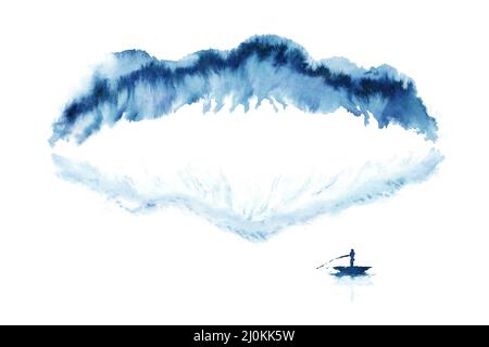 Japanische sumi blaue Landschaft abstrakt, Berg und See, natürliche Grunge Aquarell Hintergrund, Tinte Kunst, Illustration Stockfoto