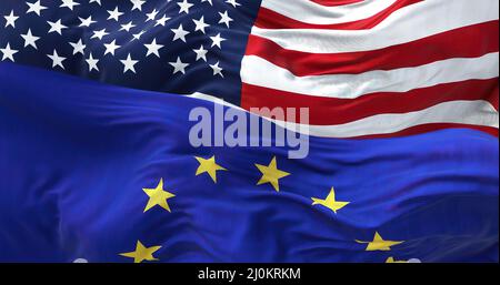 Die Flaggen der Europäischen Union und der Vereinigten Staaten von Amerika winken im Wind Stockfoto