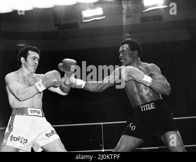 Maurice Hope / Rocky Mattioli (Neuverfilz). WBC World Super Welterweight Titel im Konferenzzentrum, Wembley, London, Großbritannien. Hoffnung, die TKO in Runde 11 gewonnen hat.(Bild) Kampfaktion. 12.. Juli 1980 Stockfoto