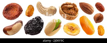 Set von Nüssen und getrockneten Früchten isoliert auf weißem Hintergrund Stockfoto