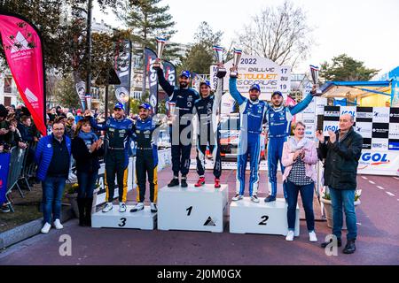 CIAMIN Nicolas, ROCHE Yannick, Hyundai I20 Rally2, GILBERT Quentin, GUIEU Christopher, Citroën C3, GIORDANO Quentin, ELTERNTEIL Kevin, Volkswagen Polo, Podium, Porträt während der Rallye du Touquet 2022, 1. Runde des Championnat de France des Rallye 2022, vom 18. Bis 19. März in Le Touquet, Frankreich - Foto Bastien Roux / DPPI Stockfoto