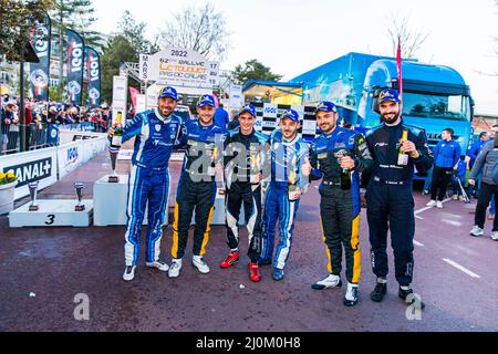 CIAMIN Nicolas, ROCHE Yannick, Hyundai I20 Rally2, GILBERT Quentin, GUIEU Christopher, Citroën C3, GIORDANO Quentin, ELTERNTEIL Kevin, Volkswagen Polo, Podium, Porträt während der Rallye du Touquet 2022, 1. Runde des Championnat de France des Rallye 2022, vom 18. Bis 19. März in Le Touquet, Frankreich - Foto Bastien Roux / DPPI Stockfoto