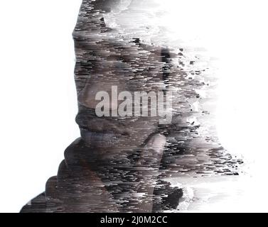 Ein Porträt eines Mannes kombiniert mit digitaler Kunst in einer Doppelbelichtungstechnik Stockfoto