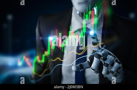 Finanztechnologie-Konzept mit 3D Rendering-Roboter analysieren Aktienmarkt Big Data Stockfoto