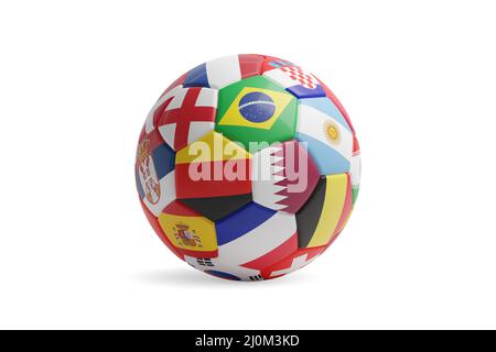 Fußball mit WM-Flaggen isoliert auf weißem Hintergrund. 3D Abbildung. Stockfoto