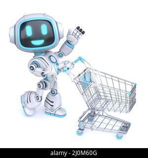 Niedliche blaue Roboter schieben leeren Warenkorb 3D Stockfoto
