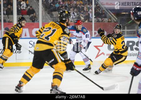 Hamilton Ontario Canada, OHL Outdoor Showcase 2022 im Tim Hortons Field. Hamiton besiegt Oshawa 3-0. Stuart Rolofs(89)(nur Redaktion) Luke Durda/Alamy Stockfoto