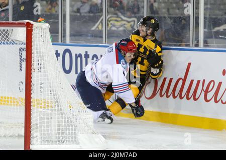 Hamilton Ontario Canada, OHL Outdoor Showcase 2022 im Tim Hortons Field. Hamiton besiegt Oshawa 3-0. (Nur für redaktionelle Zwecke) Luke Durda/Alamy Stockfoto