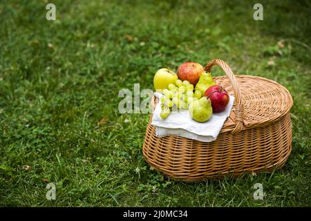 Hochwinkel-Picknickkorb mit Obst Stockfoto