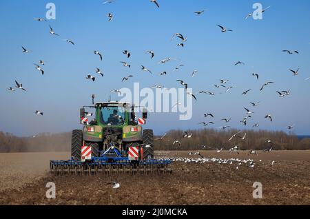 Panker, Deutschland. 11. März 2022. Ein Bauer gräbt ein Feld bei gut Schmoel und bereitet es für die Aussaat vor. Die landwirtschaftlichen Flächen im Norden sind weitgehend durch den Winterbrunnen gekommen, und jetzt ist die Frühjahrsbearbeitung im Gange. Quelle: Christian Charisius/dpa/Alamy Live News Stockfoto