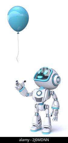 Niedliche blaue Roboter Blick auf fliegende Ballon 3D Stockfoto