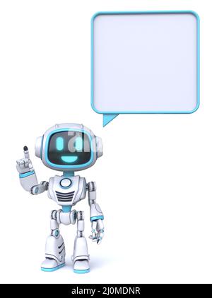 Niedlichen blauen Roboter mit leeren Rechteck Comics Blase 3D Stockfoto