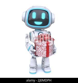Süßer blauer Roboter, der die git box 3D gibt Stockfoto